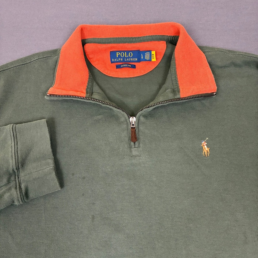 Polo Ralph Lauren Olive Green Estate Rib Quarter Zip Sweater Men's Large Flesh